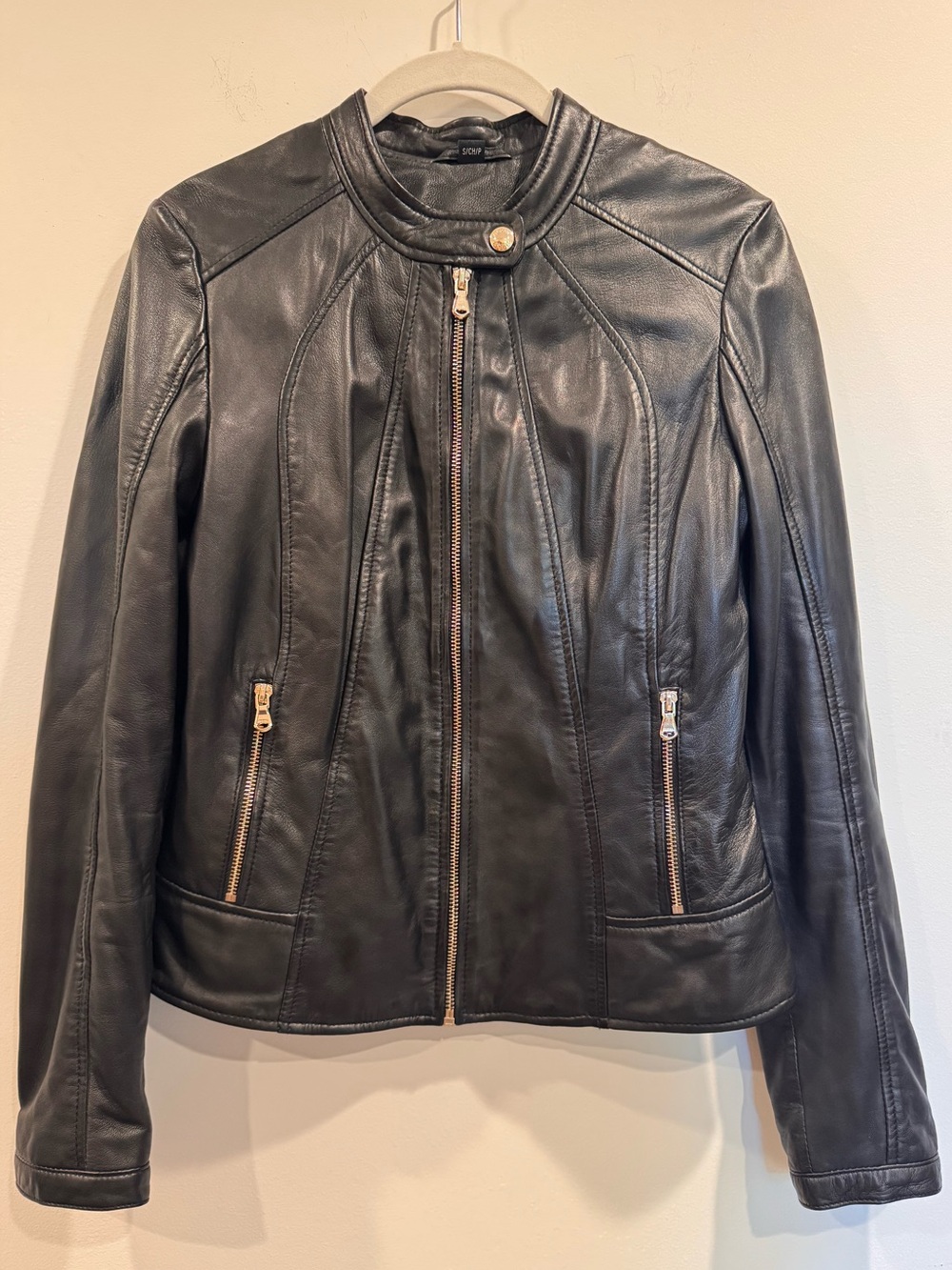 GUESS Genuine Leather Moto Jacket S Black Gold Hardware Floral Lining